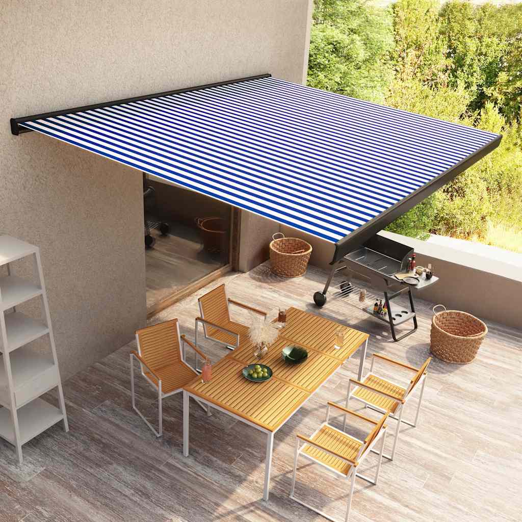 Motorisert kassettmarkise 500x300 cm blå og hvit