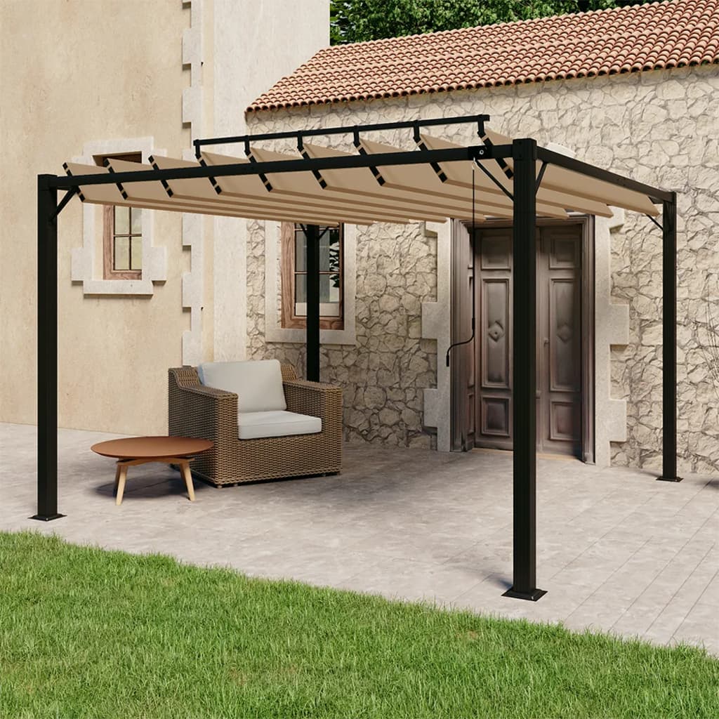 Paviljong med lamelltak 3x3 m gråbrun stoff og aluminium
