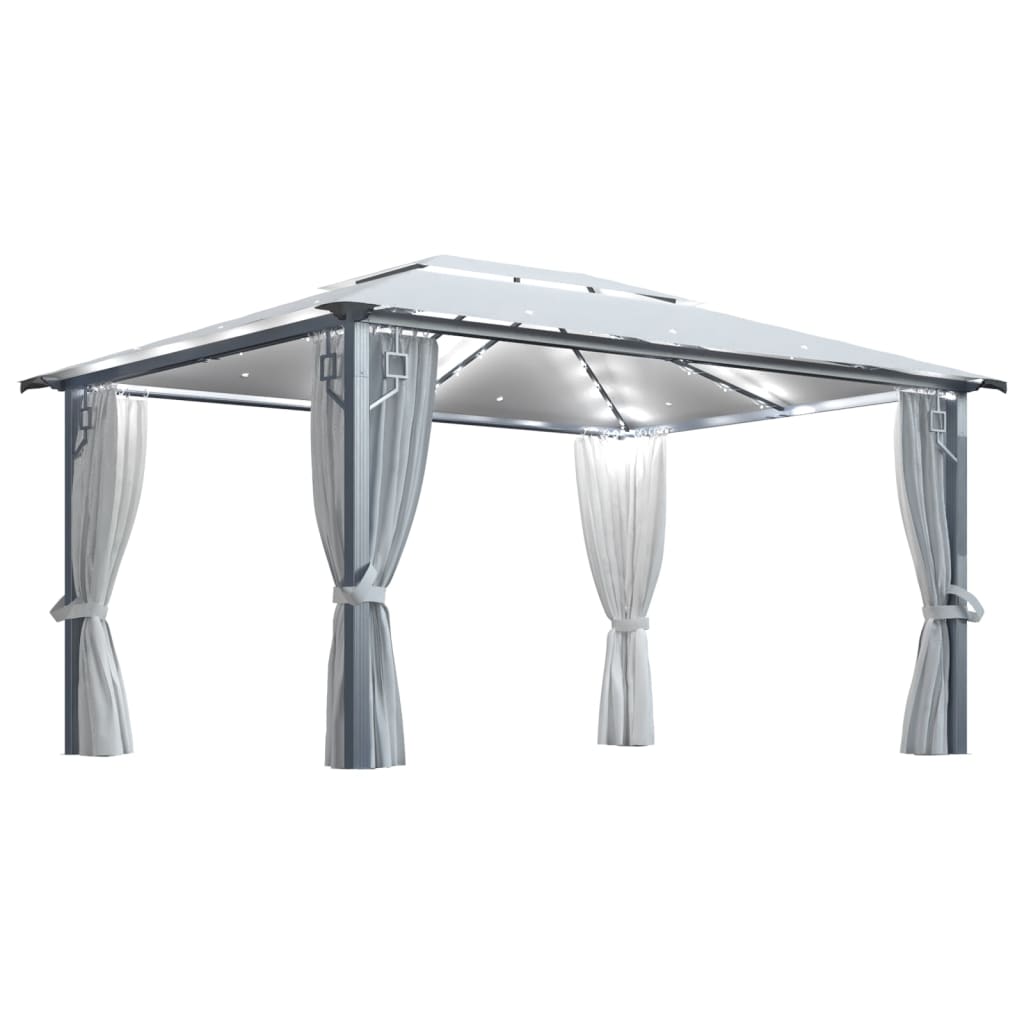 Paviljong med gardin og LED-strenglys 4x3 m krem aluminium