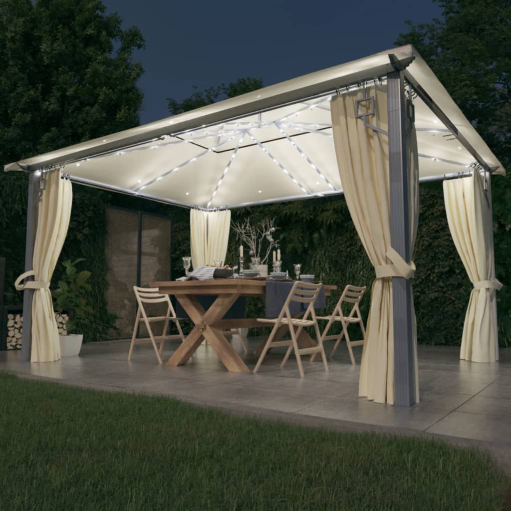 Paviljong med gardin og LED-strenglys 4x3 m krem aluminium