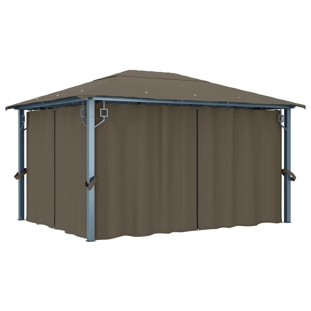 Paviljong med gardin og LED-strenglys 4x3 m gråbrun aluminium