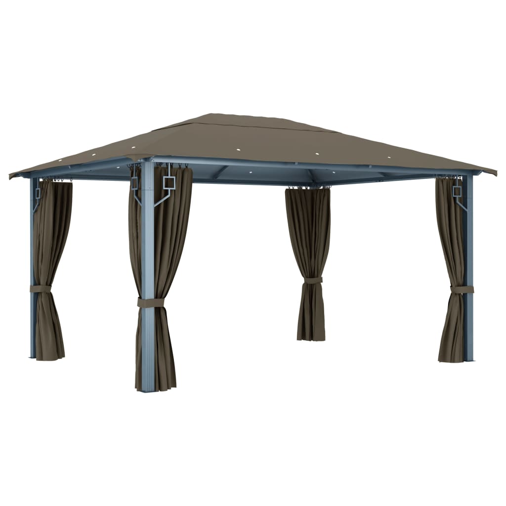 Paviljong med gardin og LED-strenglys 4x3 m gråbrun aluminium