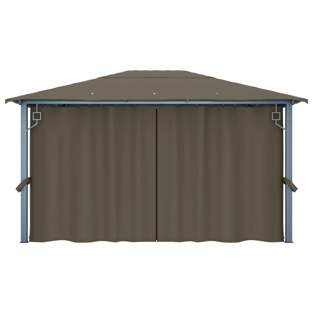 Paviljong med gardin og LED-strenglys 4x3 m gråbrun aluminium