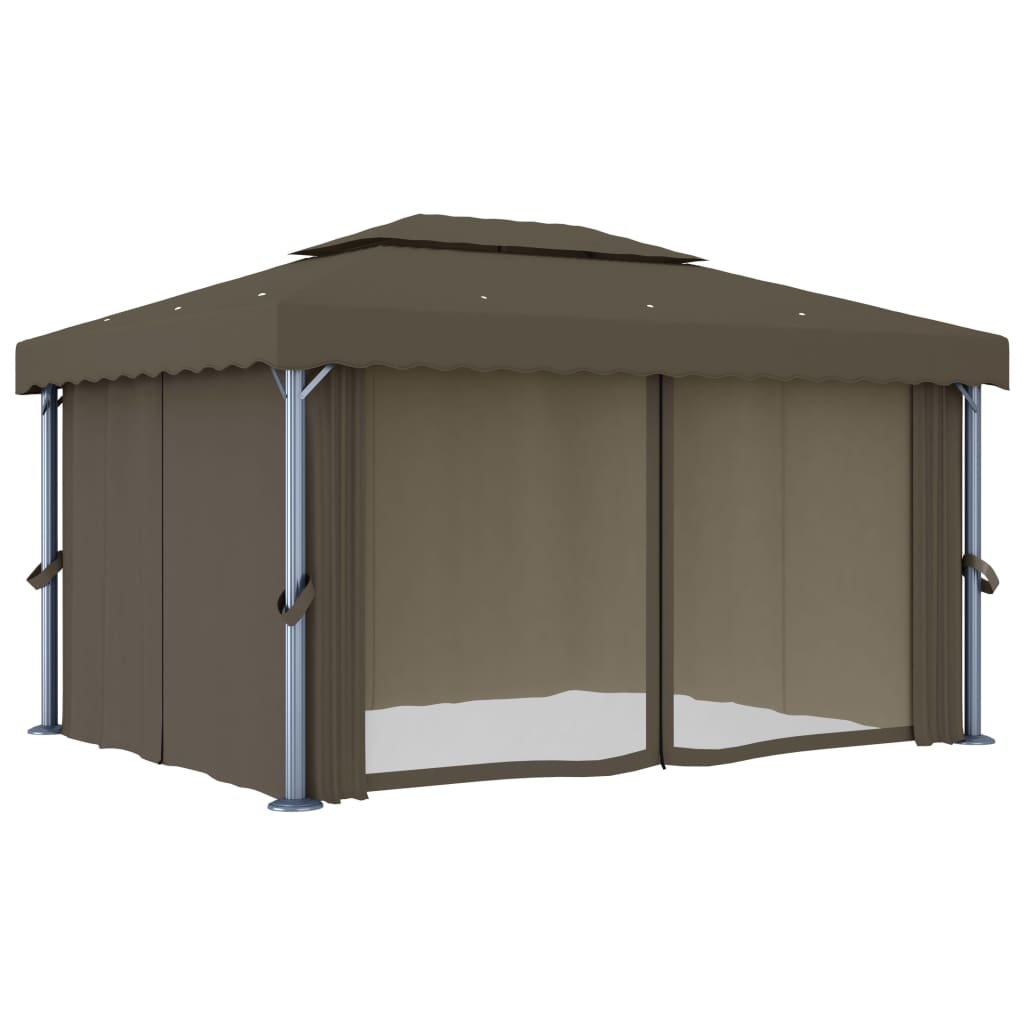 Paviljong med gardin og LED-strenglys 4x3 m gråbrun