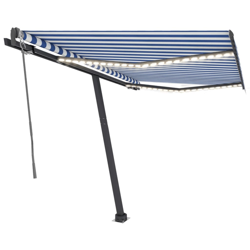 Automatisk markise med LED og vindsensor 300x250 cm blå og hvit
