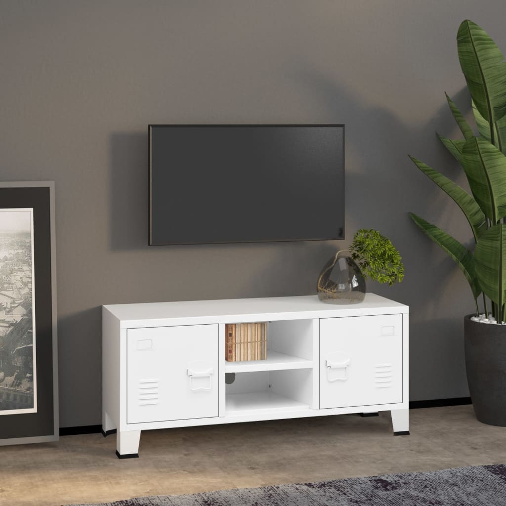 Industriell Tv-Benk 105X35X42 Cm Metall Hvit