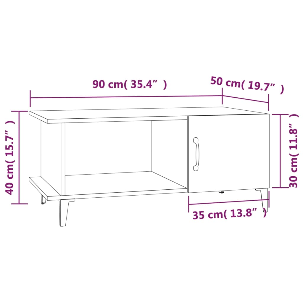 Salongbord hvit 90x50x40 cm konstruert tre