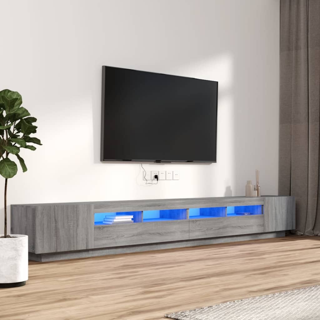 Tv-Benksett Med Led-Lys 3 Deler Grå Eik Konstruert Tre