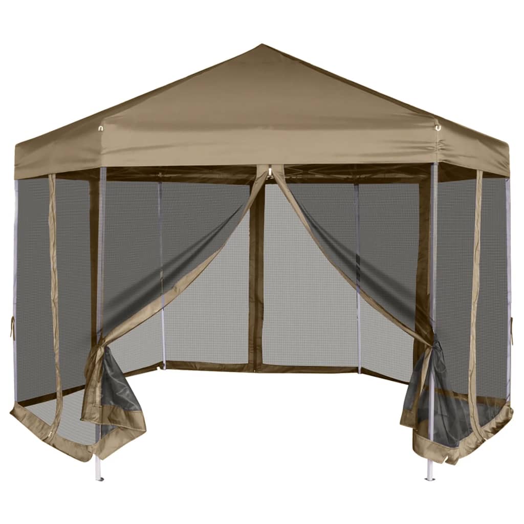 Popup telt med sidevegger sekskantet 3,6x3,1 m gråbrun 220g/m²