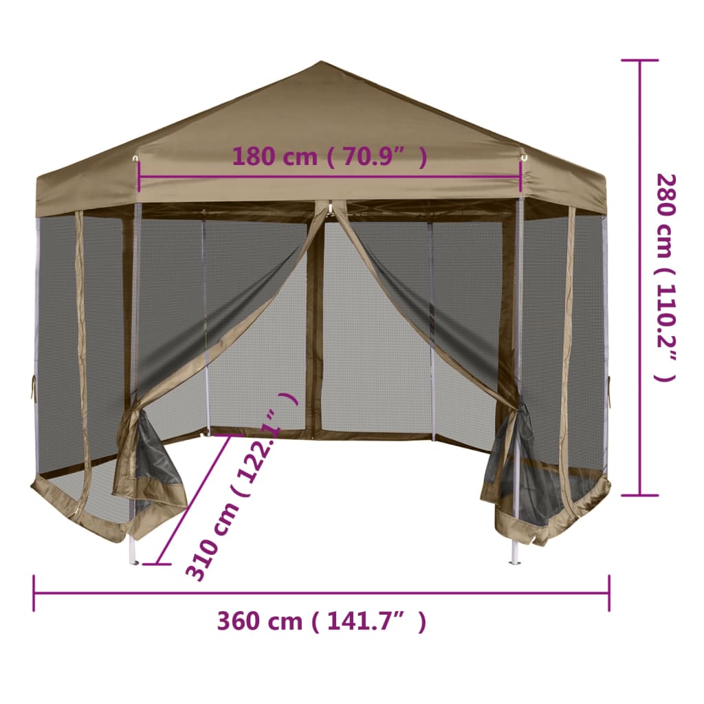 Popup telt med sidevegger sekskantet 3,6x3,1 m gråbrun 220g/m²