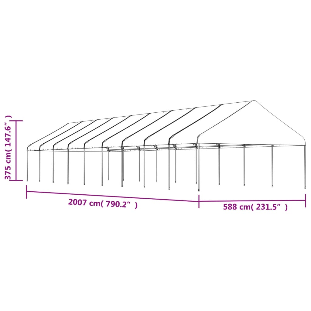 Paviljong med tak hvit 20,07x5,88x3,75 m polyetylen