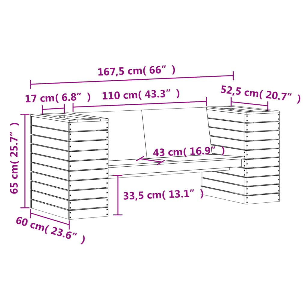 Benk med plantekasser 167,5x60x65 cm impregnert furu