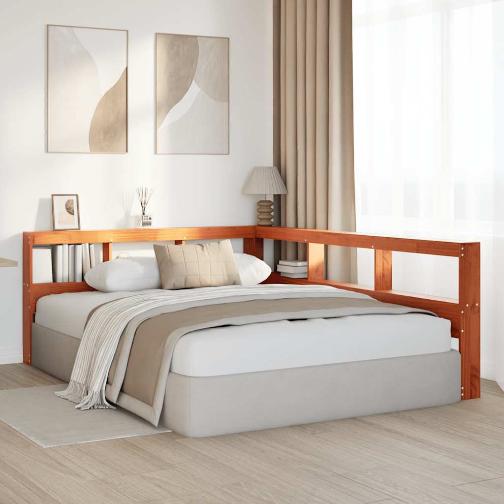Bokhylle Sengegavl L-Formet Voksbrun 150 Cm Heltre Furu