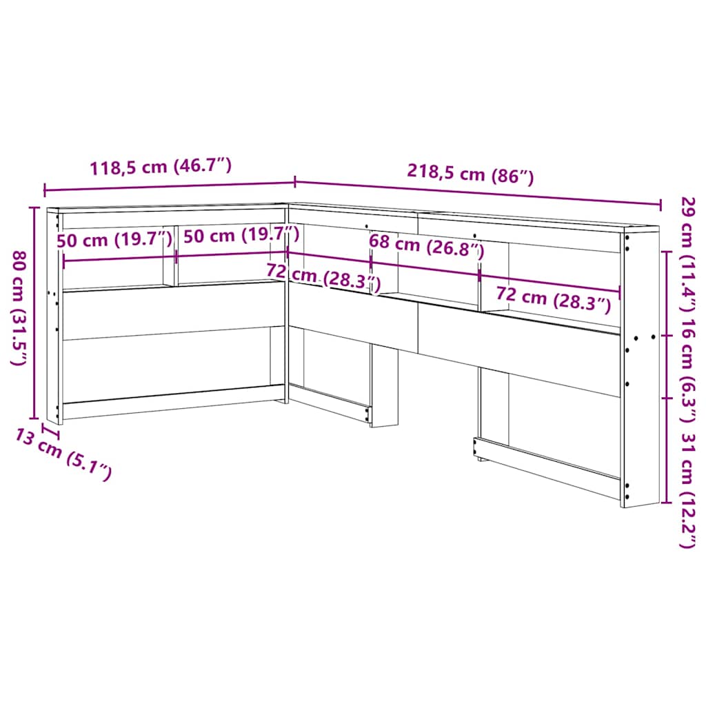 Bokhylle Sengegavl L-Formet Voksbrun 100 Cm Heltre Furu