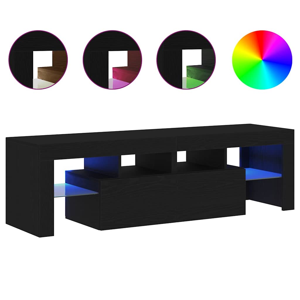 TV-benk med LED-lys svart eik 140x36,5x40 cm konstruert tre
