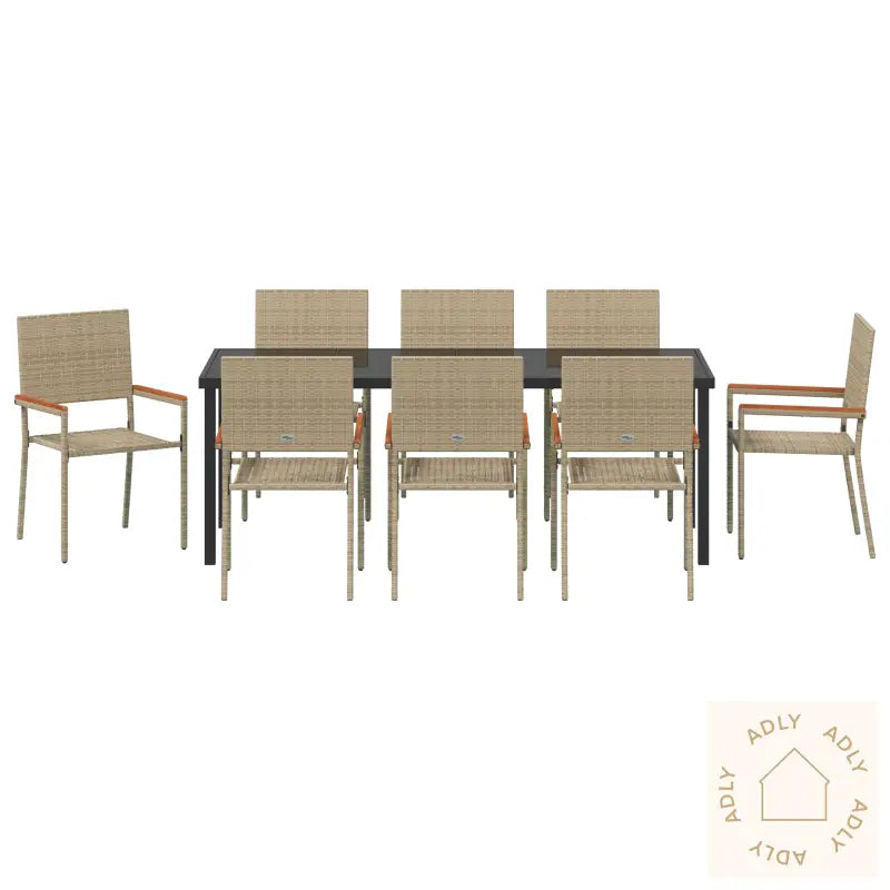9-Delt Hage Spisestue Sett Beige Poly Rattan