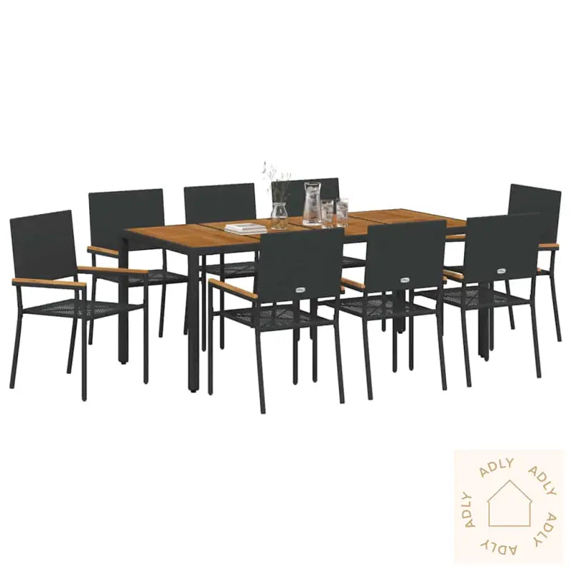 9-Delt Hage Spisestue Svart Poly Rattan