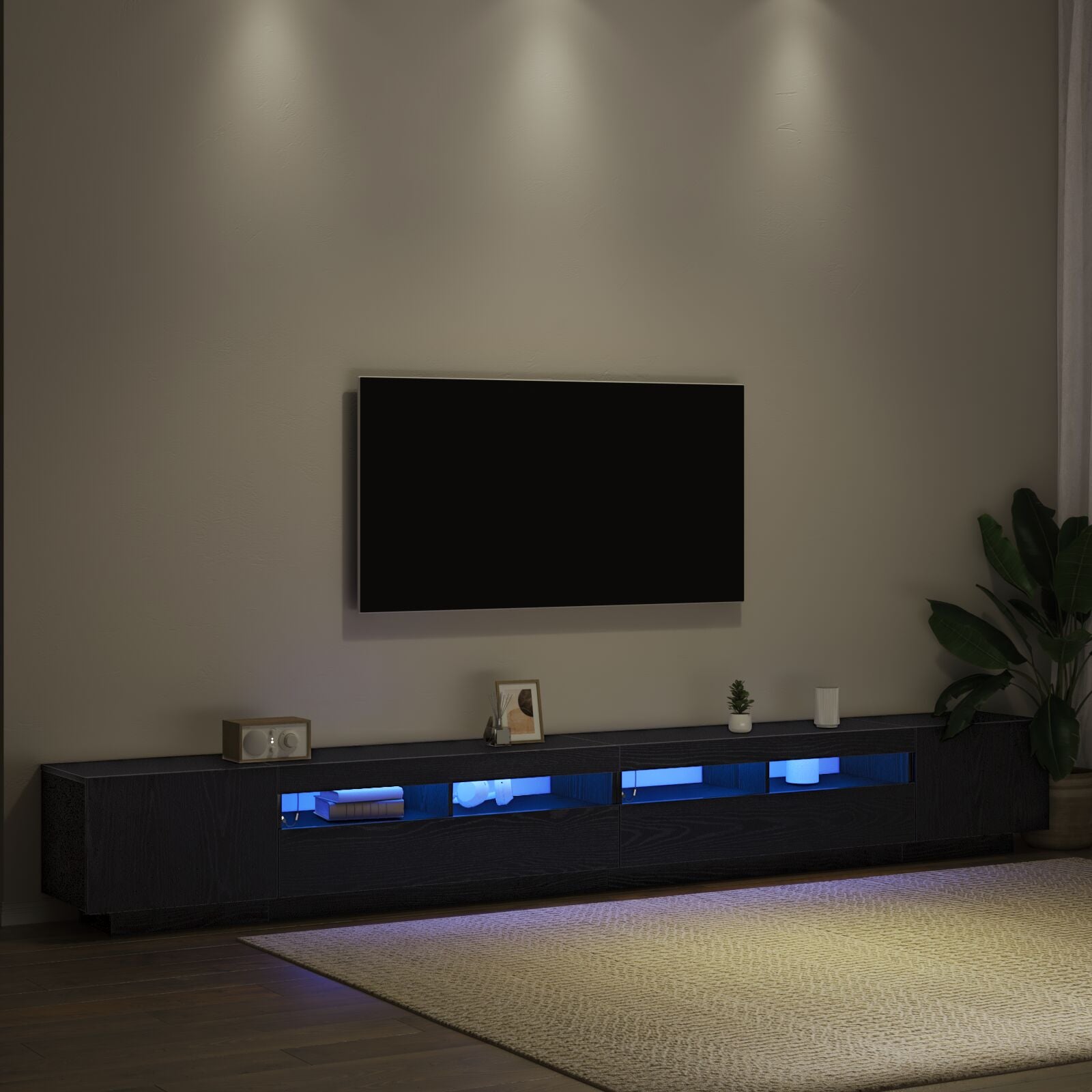 TV-benk med LED-lamper i svart eik 300x35x40 cm laget av konstruert tre