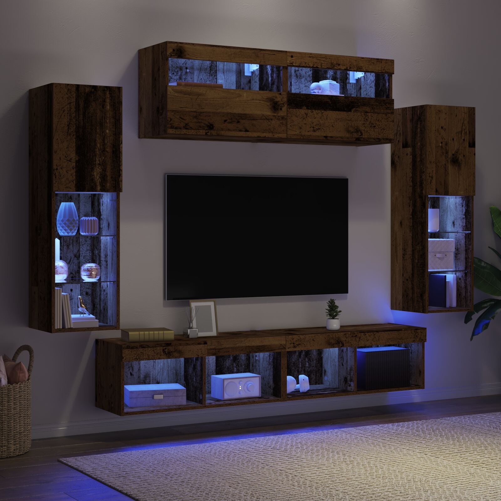 8 Delt TV Vegg Enheter med LED Gammelt Tre Konstruert Tre