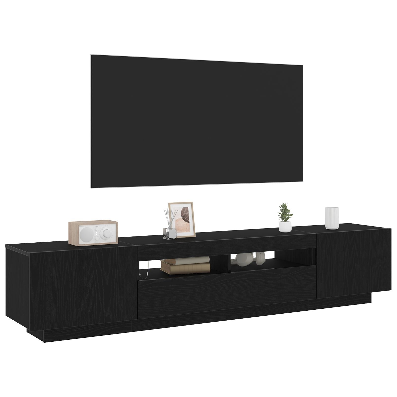 TV-benk med LED-lamper - Svart Eik - 200x35x40 cm - Konstruert tre