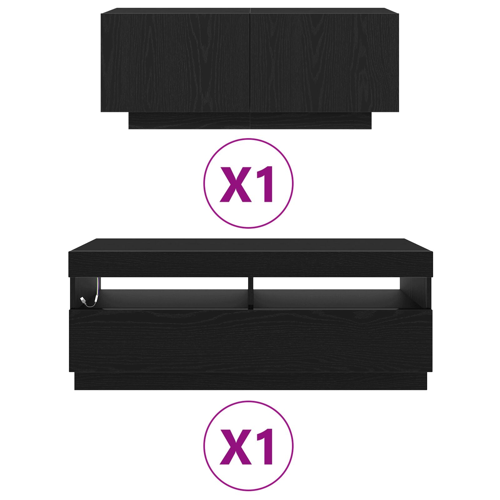 TV-benk med LED-lamper - Svart Eik - 200x35x40 cm - Konstruert tre