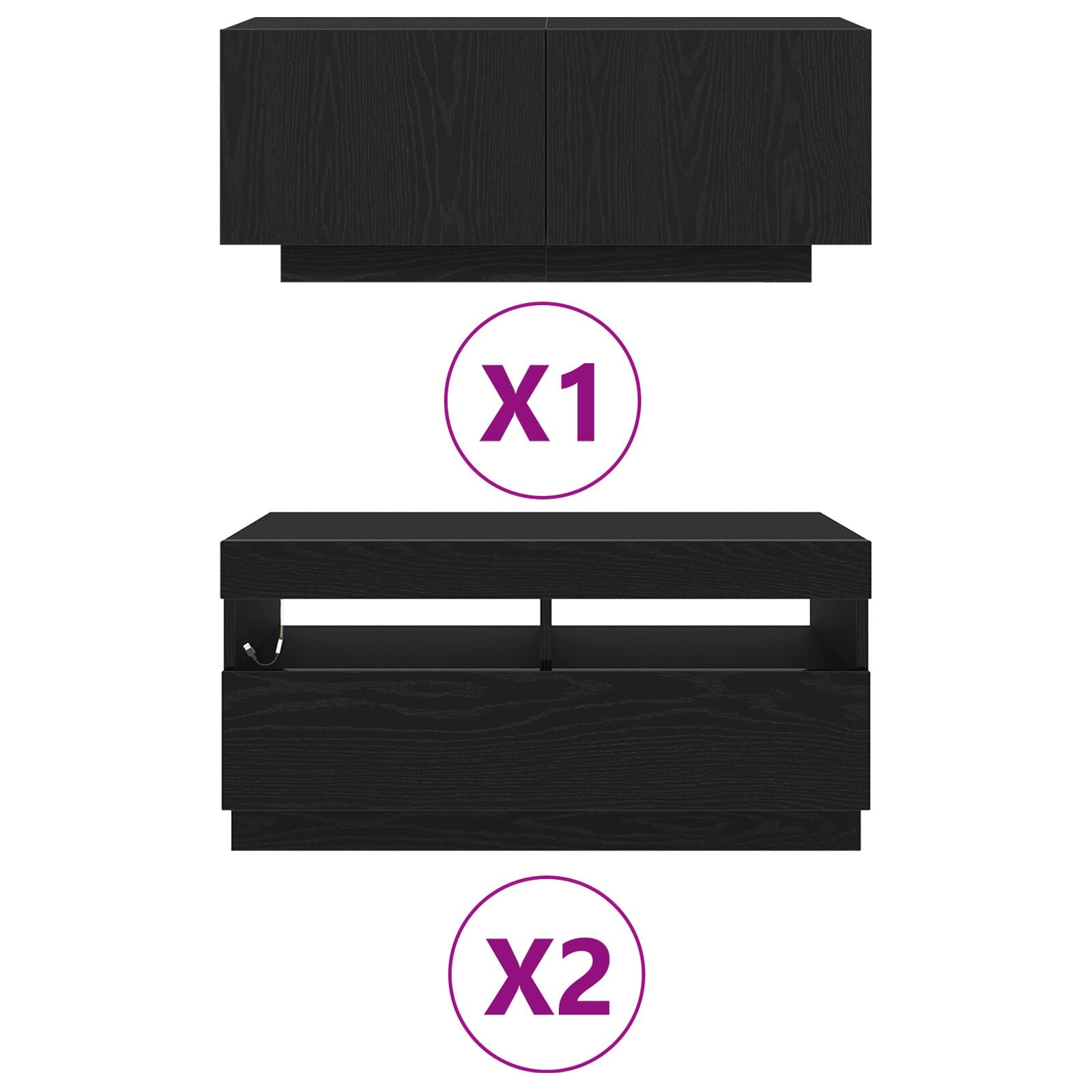 TV-skap med LED-lys i svart eik 260x35x40 cm av konstruert tre