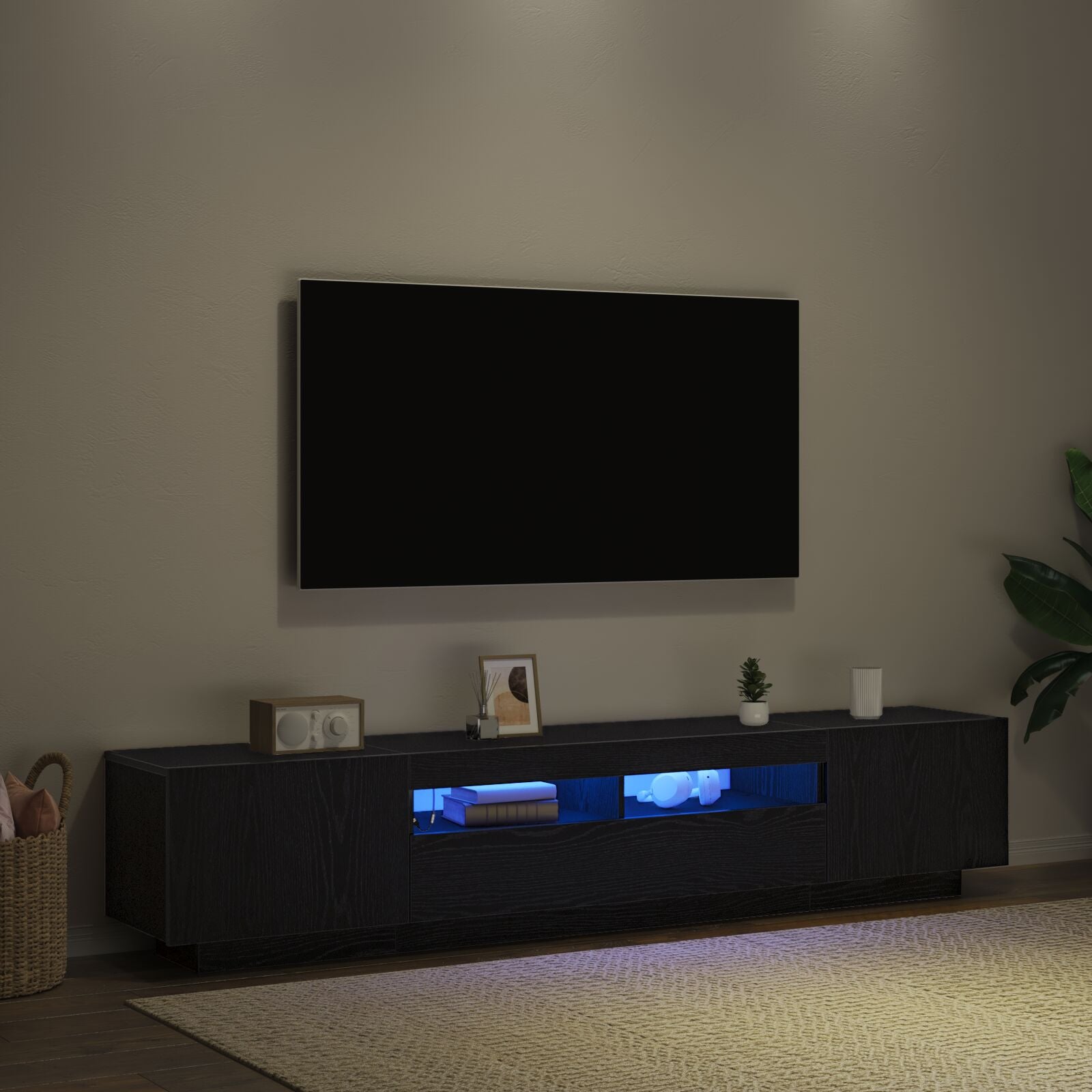 TV-benk med LED-lamper - Svart Eik - 200x35x40 cm - Konstruert tre