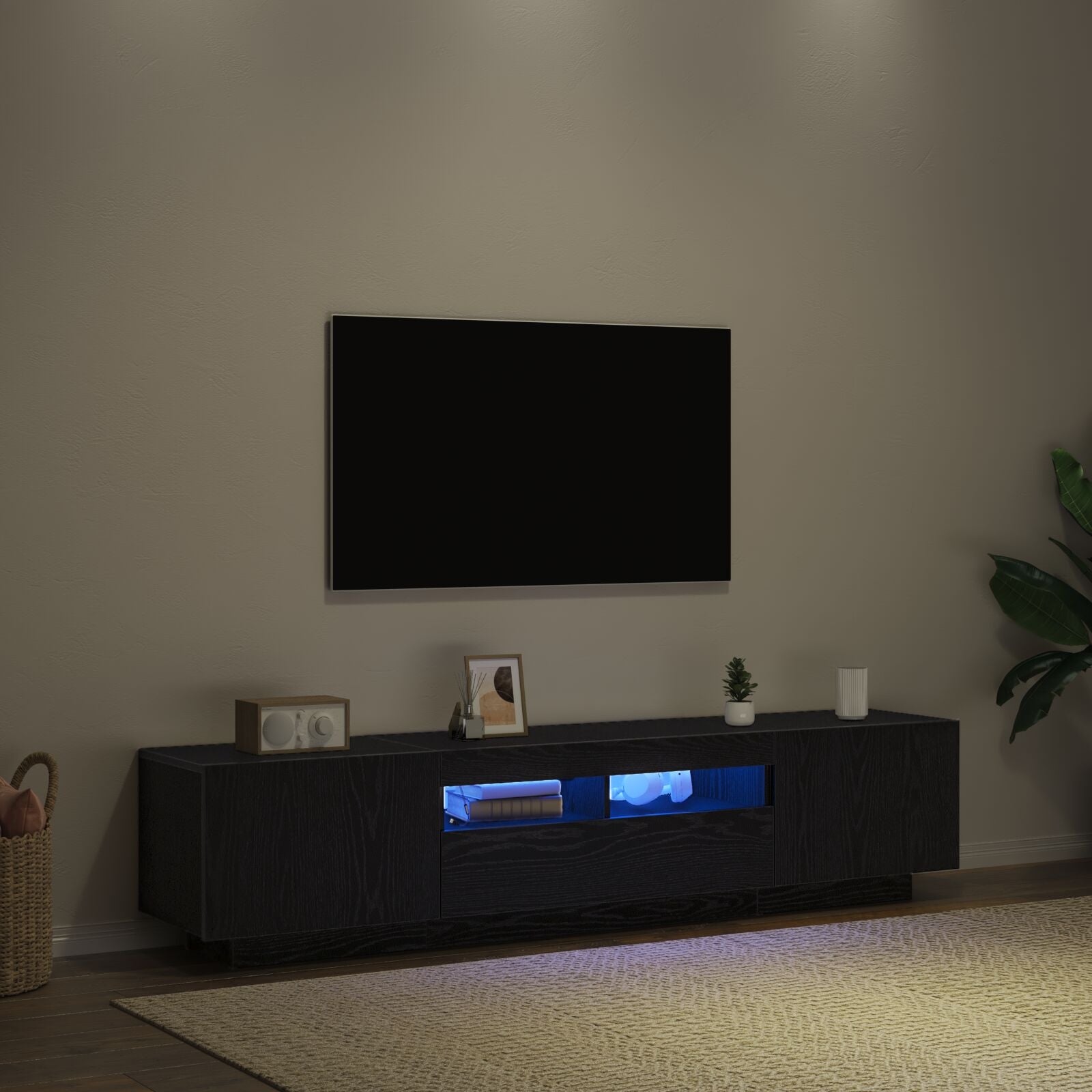TV-benk med LED-belysning, svart eik, 180x35x40 cm, konstruert tre