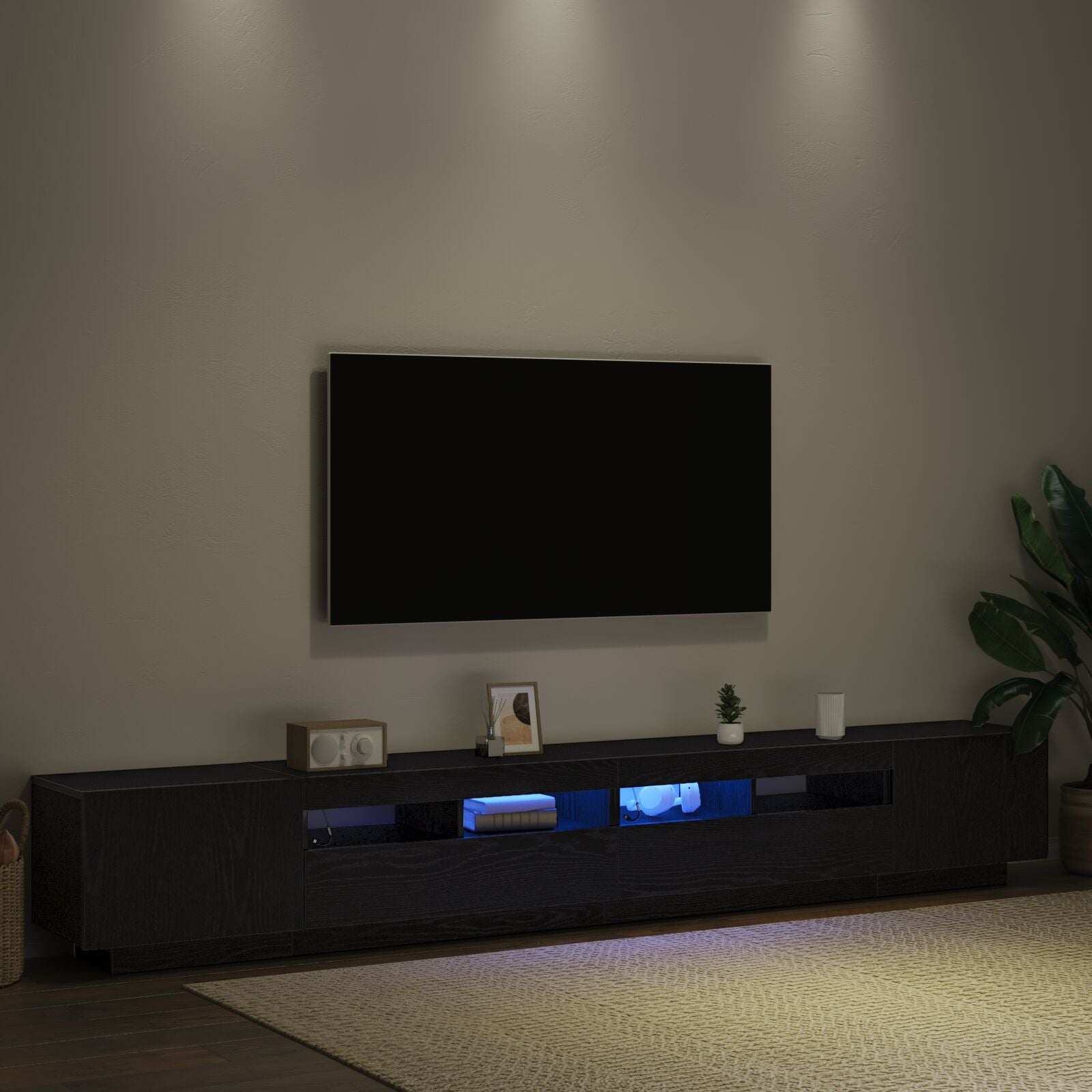 TV-skap med LED-lys i svart eik 260x35x40 cm av konstruert tre