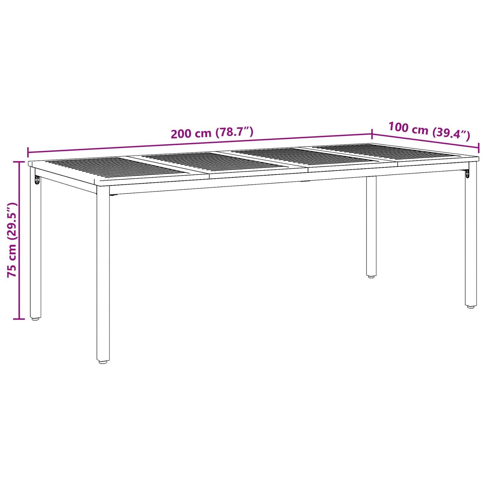 Hagebord 200x90x75 cm Solid Akasietre og Metall