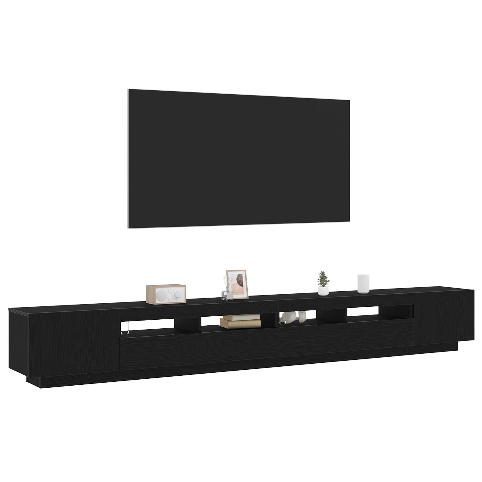 TV-benk med LED-lamper i svart eik 300x35x40 cm laget av konstruert tre