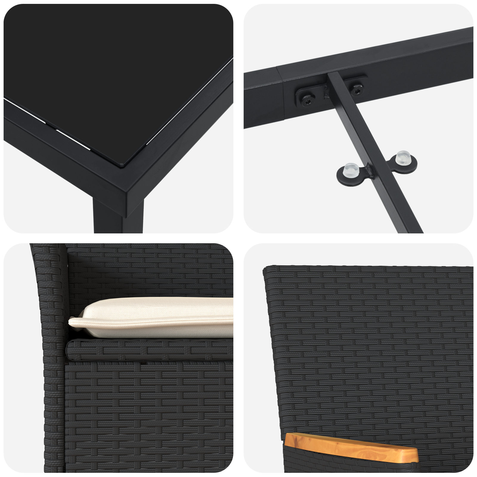 5 Delt Hage Spisebordsett Med Puter I Svart Poly Rattan