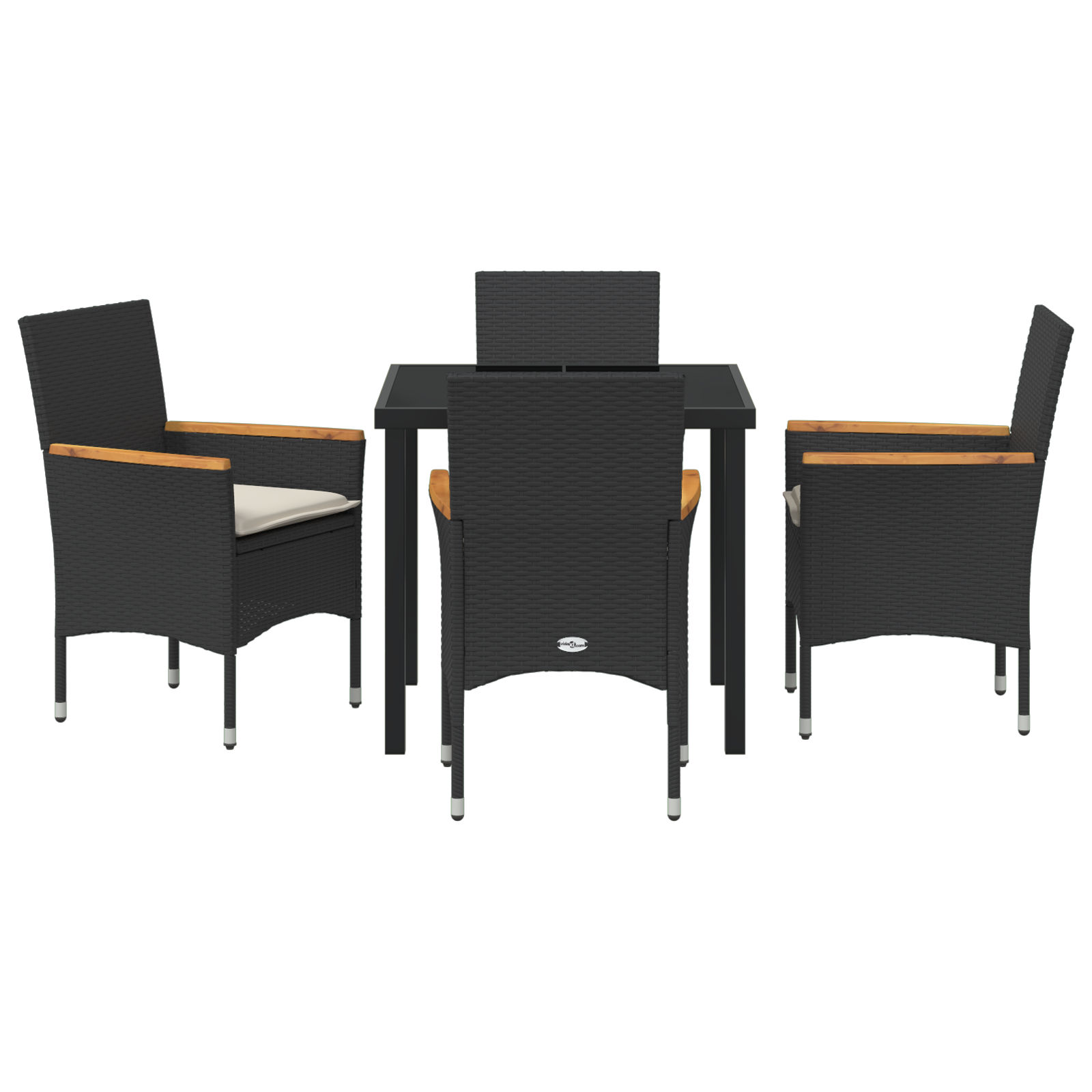 5 Delt Hage Spisebordsett Med Puter I Svart Poly Rattan