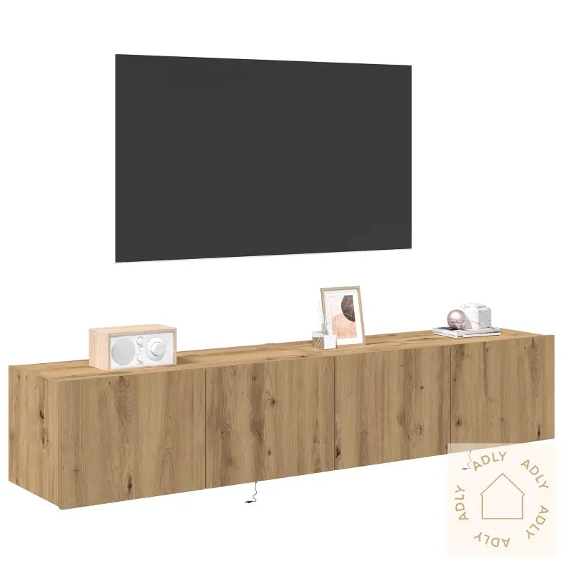 Tv Veggskap Med Led Lys 2 Stk Håndlaget Eik 80X35X31 Cm