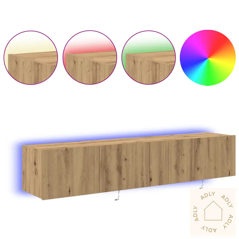 Tv Veggskap Med Led Lys 2 Stk Håndlaget Eik 80X35X31 Cm
