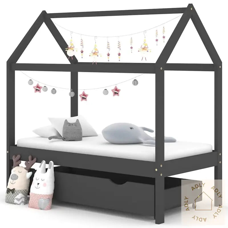 Sengeramme For Barn Med Skuff Heltre Furu 70X140 Cm Mørkegrå