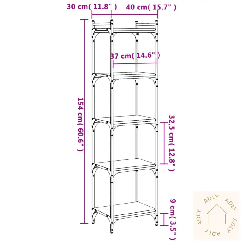 Bokhylle 5 Etasjer Brun Eik 40X30X154 Cm Konstruert Tre