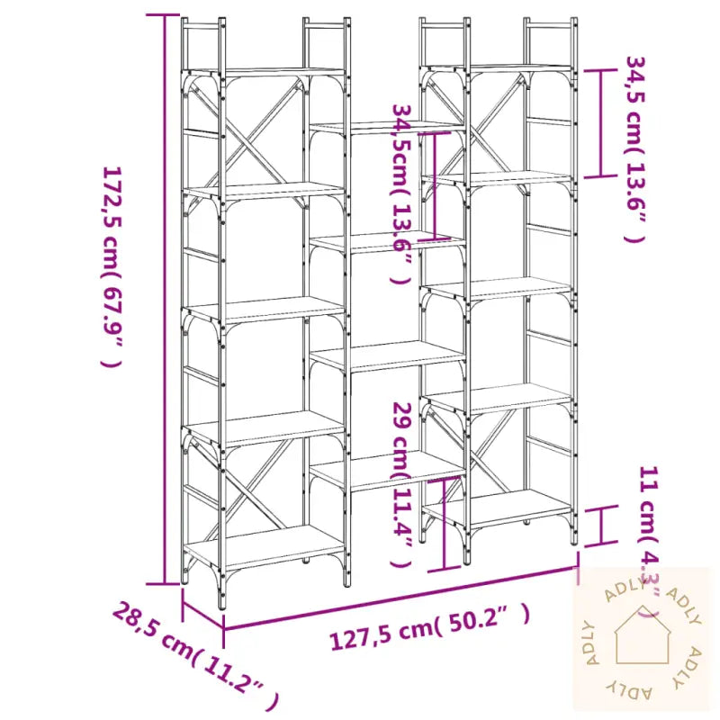 Bokhylle Grå Sonoma 127,5X28,5X172,5 Cm Konstruert Tre