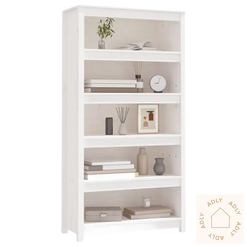 Hvitt heltre furu bokhylle 80x35x154 med moderne design og åpne hyller