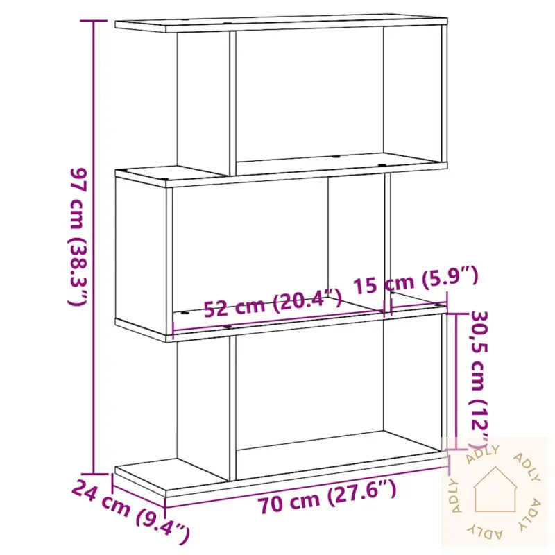 Romdeler Bokhylle 3 Lag Artisan Eik 70X24X97 Cm Konstruert Tre