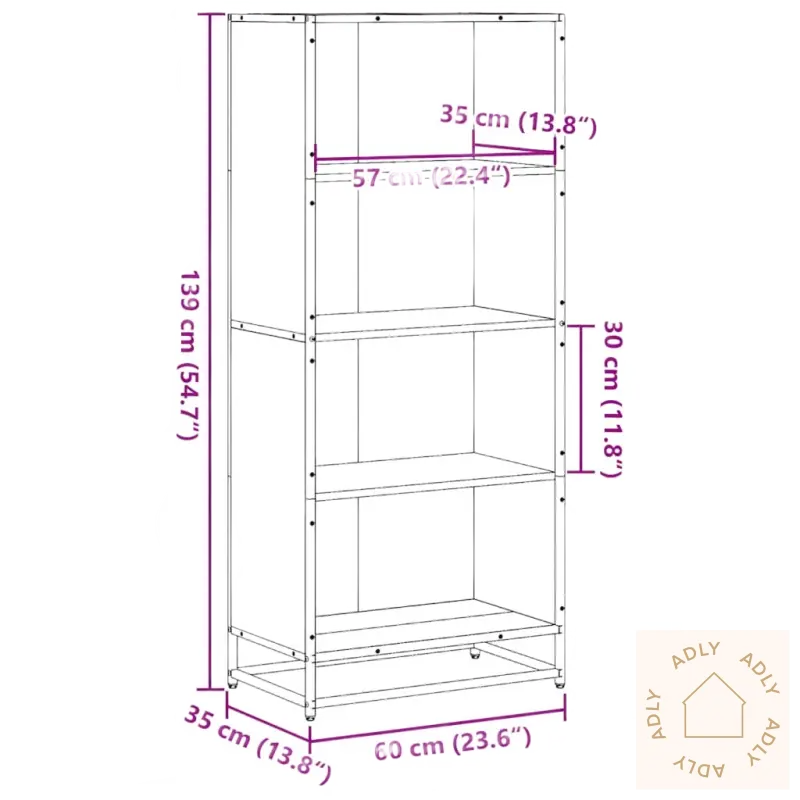 Tall bokhylle i brun eik med åpne rom og høy maksimal lastekapasitet