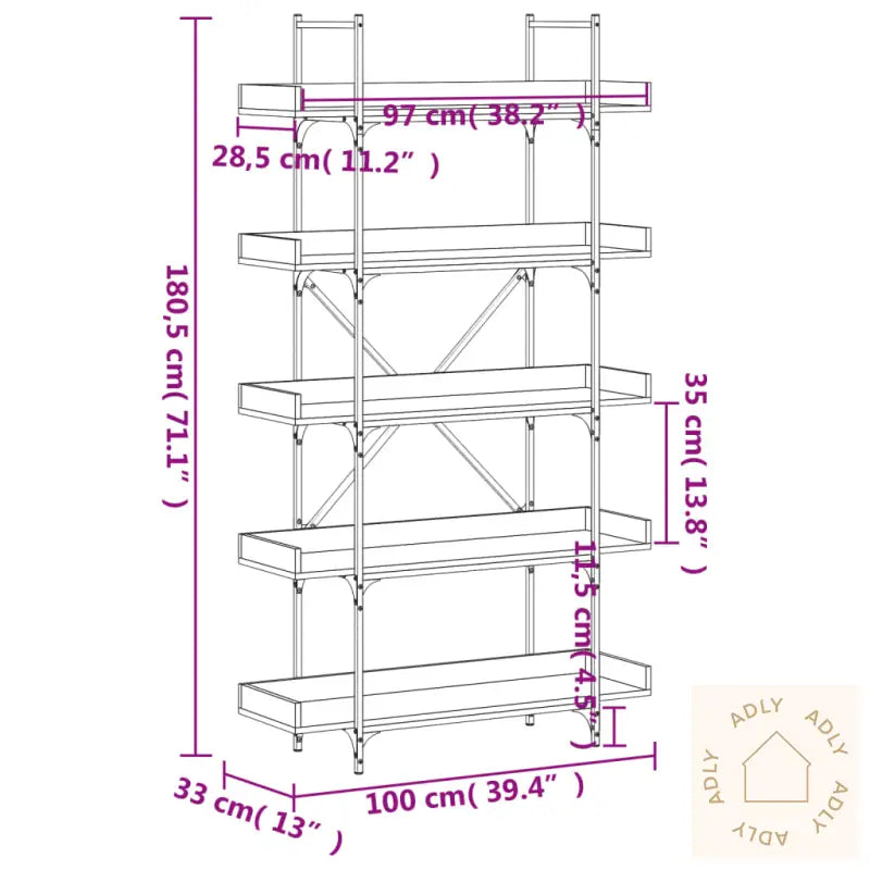 Bokhylle 5 Etasjer Brun Eik 100X33X180,5 Cm Konstruert Tre