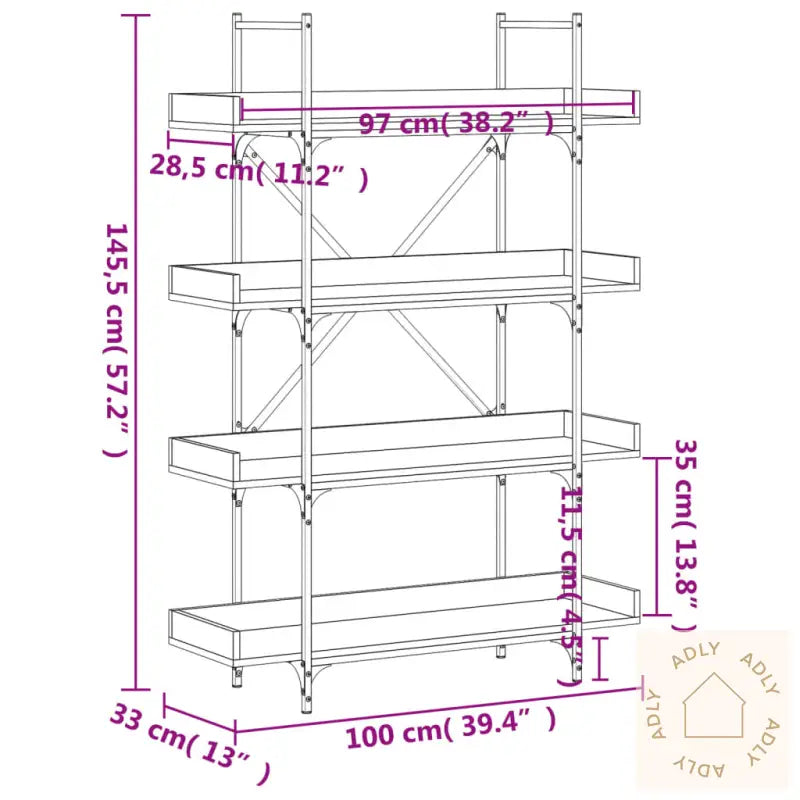 Bokhylle 3 Etasjer Brun Eik 100X33X145,5 Cm Konstruert Tre