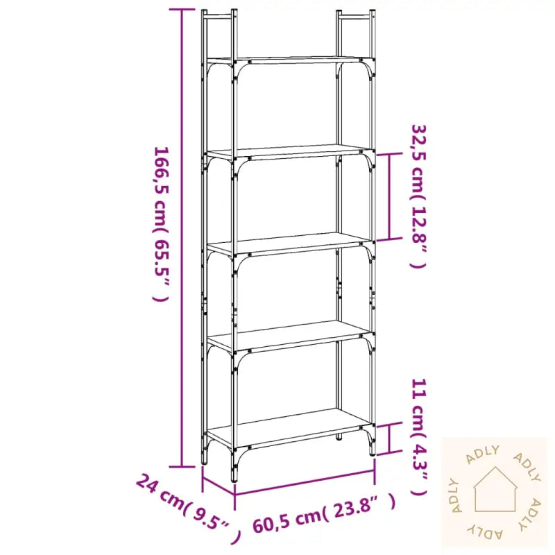 Bokhylle 5 Etasjer Brun Eik 60,5X24X166,5 Cm Konstruert Tre