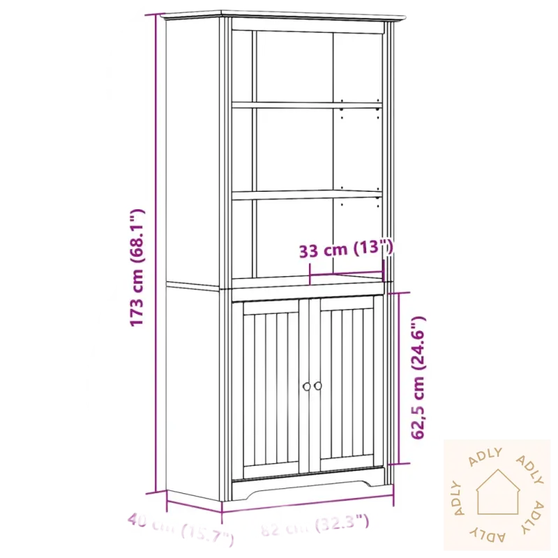 Tall heltre furu bokhylle i fransk stil med åpne hyller og dører