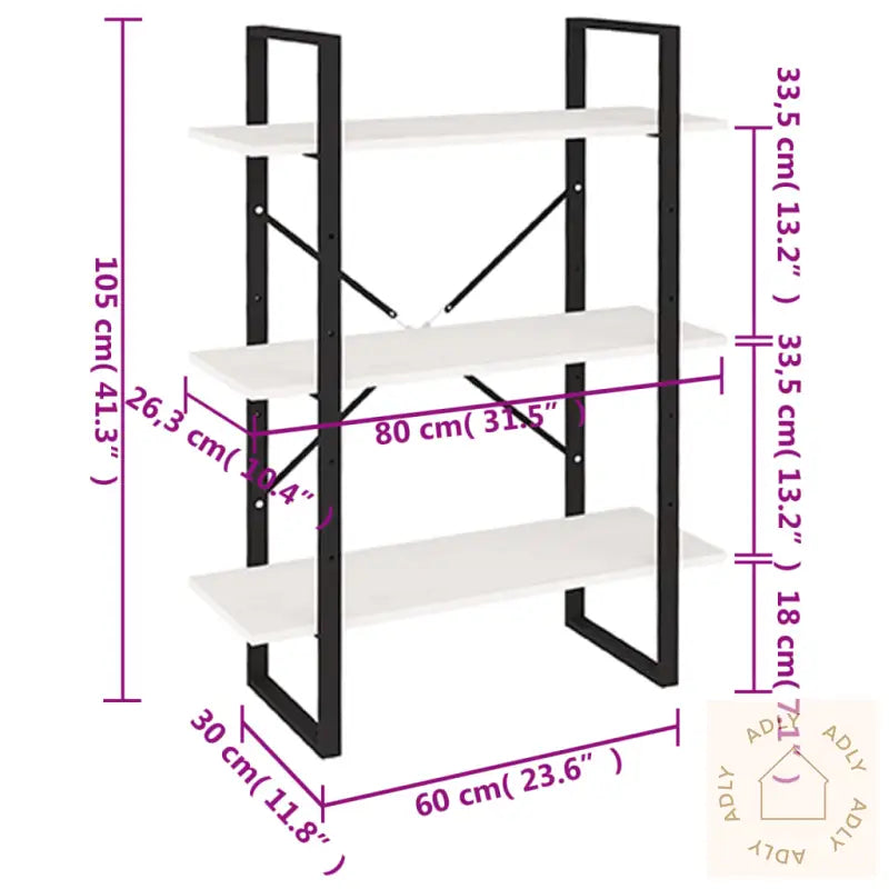 Bokhylle 3 Nivåer Hvit 80X30X105 Cm Heltre Furu