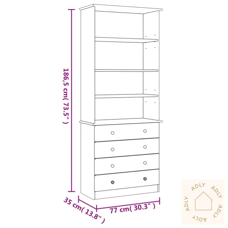Bokhylle Med Skuffer Alta Hvit 77X35X186,5 Cm Heltre Furu