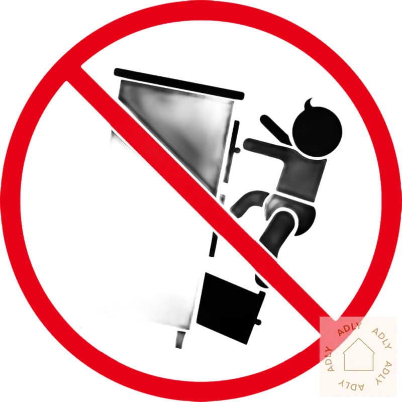 Advarselsskilt for møbelflikkingsbeskyttelse på bokhylle i industriell stil med justerbare føtter