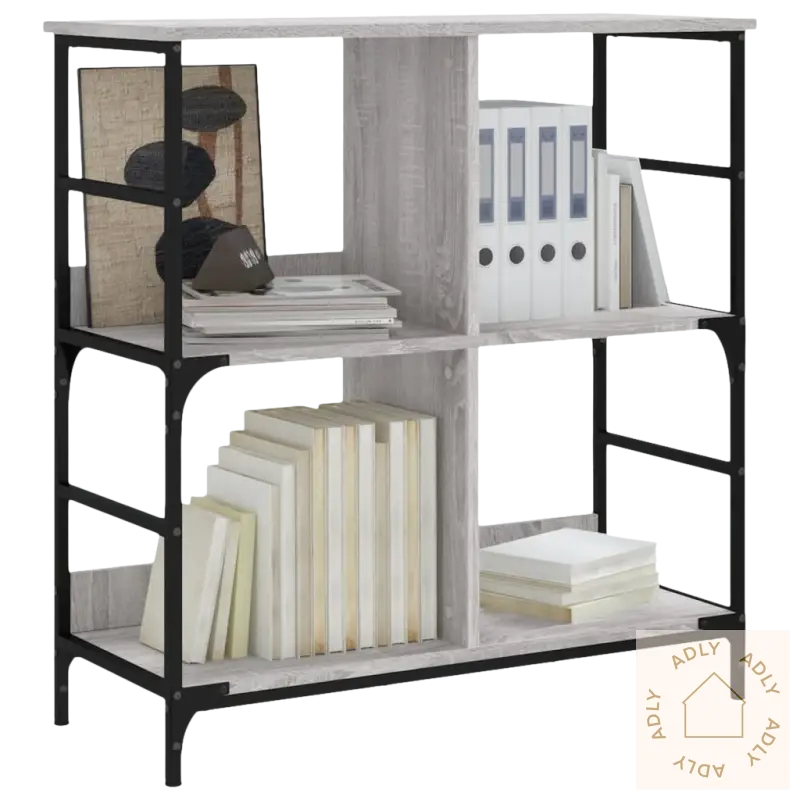 Bokhylle i industriell stil med fire rom og svart metallramme, slitesterkt konstruert