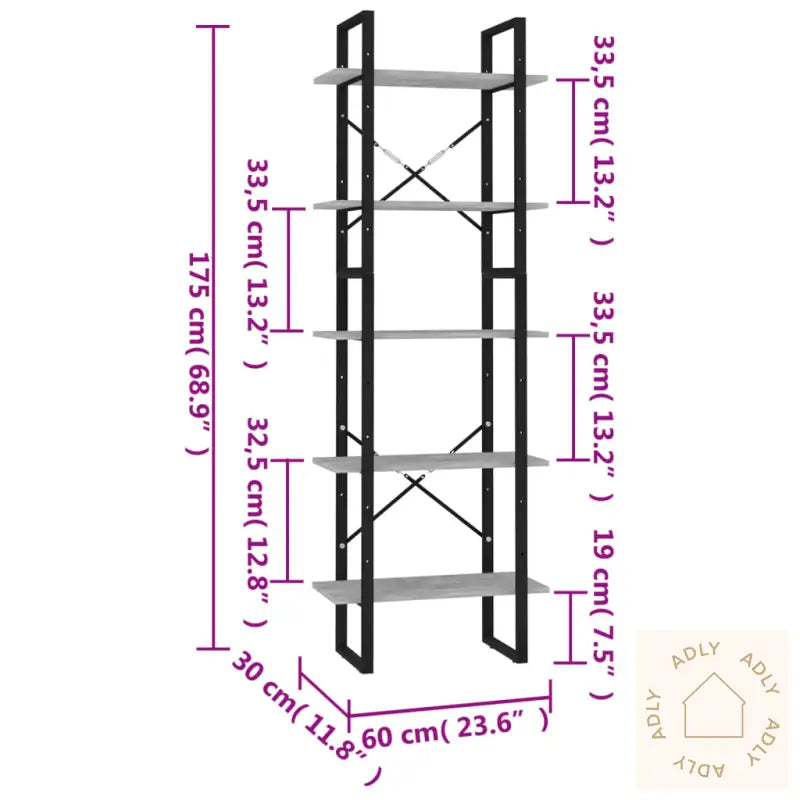Bokhylle 5 Nivåer Betonggrå 60X30X175 Cm Konstruert Tre